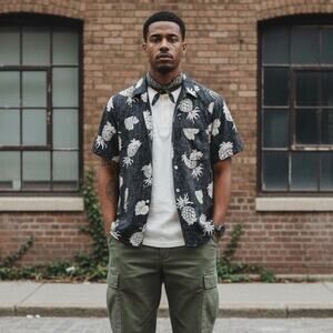 Engineered Garments NY Pineapple Aloha Camp Shirt Black Reverse Print